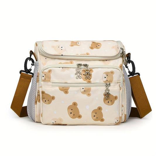 Beige Bear Print Diaper Bag - Spacious Crossbody Parent Bag