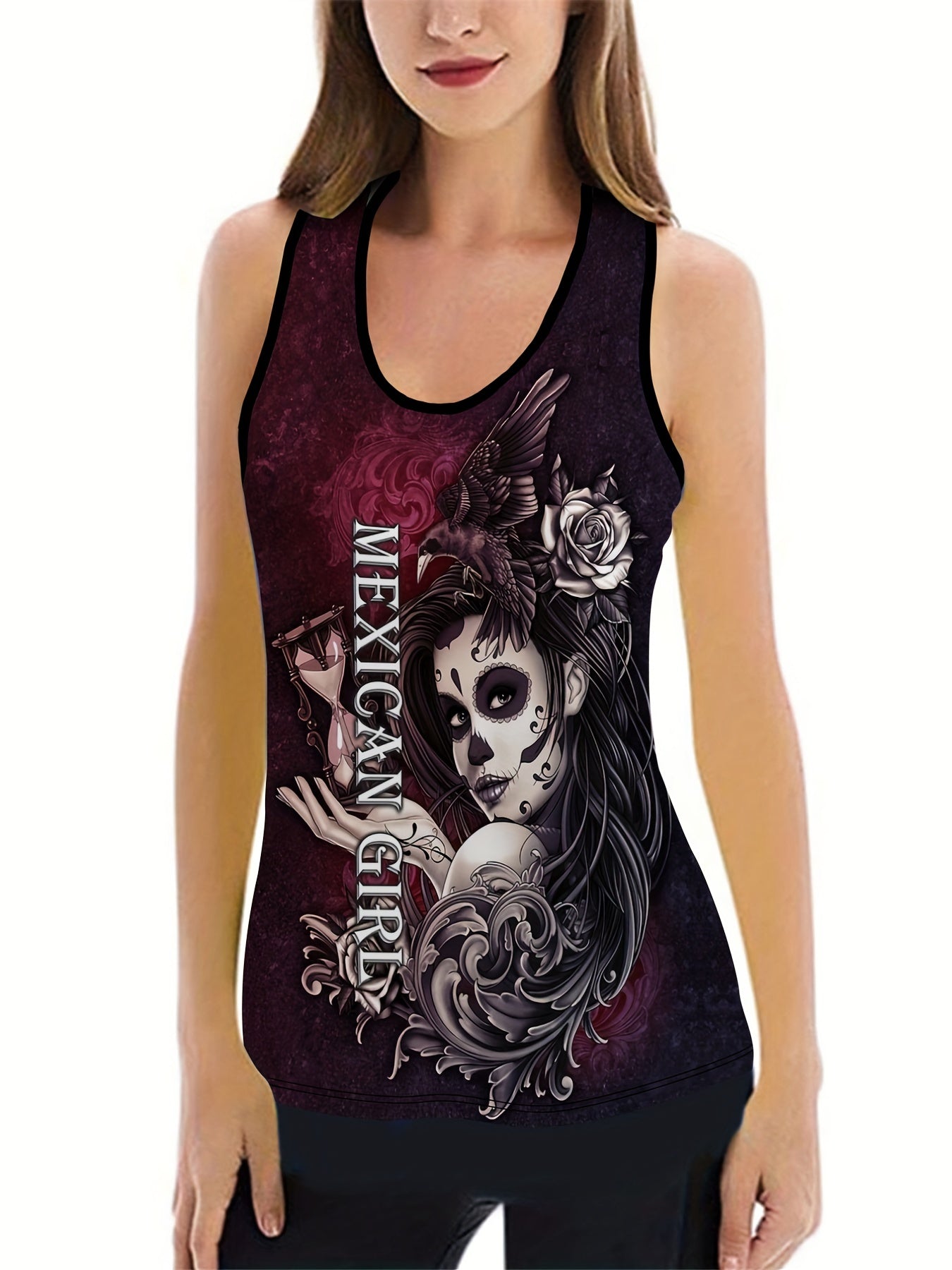 Gothic Cartoon Print Tank Top & Yoga Pants Fitness Outfit Set