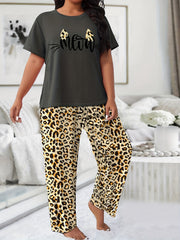 Leopard Cat Graphic Pajama Set Short Sleeve Tee & Wide Leg Pants