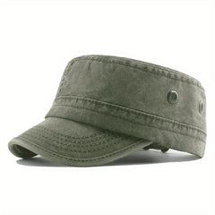Men's Military Cap Vintage Flat Top Curved Brim Washed Cotton Cadet Army Cap
