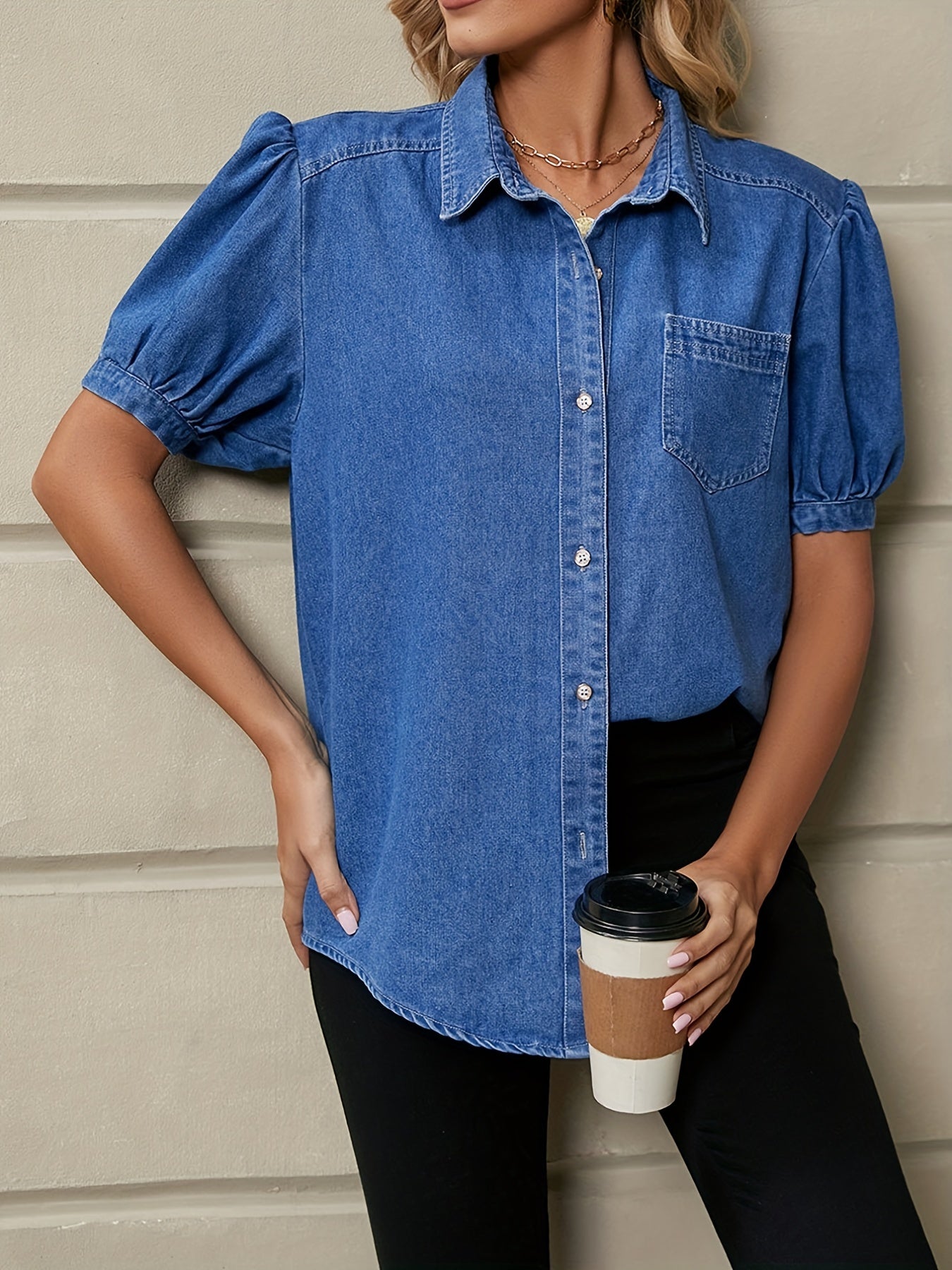 Short Sleeves Denim Shirt Single Breasted Button Lapel