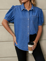 Short Sleeves Denim Shirt Single Breasted Button Lapel