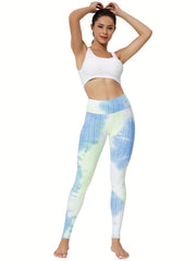 Tie Dye Honeycomb Yoga Leggings High Stretchy Seersucker Fabric Sports Pants