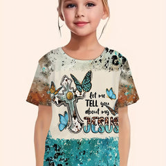 Cross & Letter Print Short Sleeve T shirt Girls Comfy Pullover