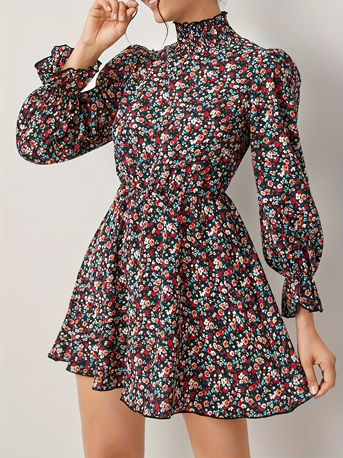 Allover Ditsy Print Lantern Sleeve High Neck Mini Dress