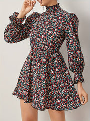 Allover Ditsy Print Lantern Sleeve High Neck Mini Dress