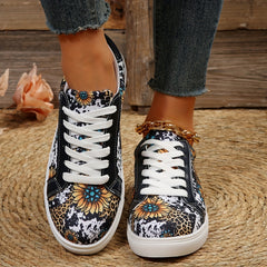 Sunflower Print Sneakers Round Toe Low Top Flat Shoes Lightweight Walking