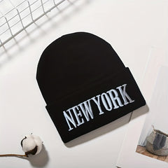 YORK Embroidery Beanie Unisex Solid Couple Knit Hat Casual Warm