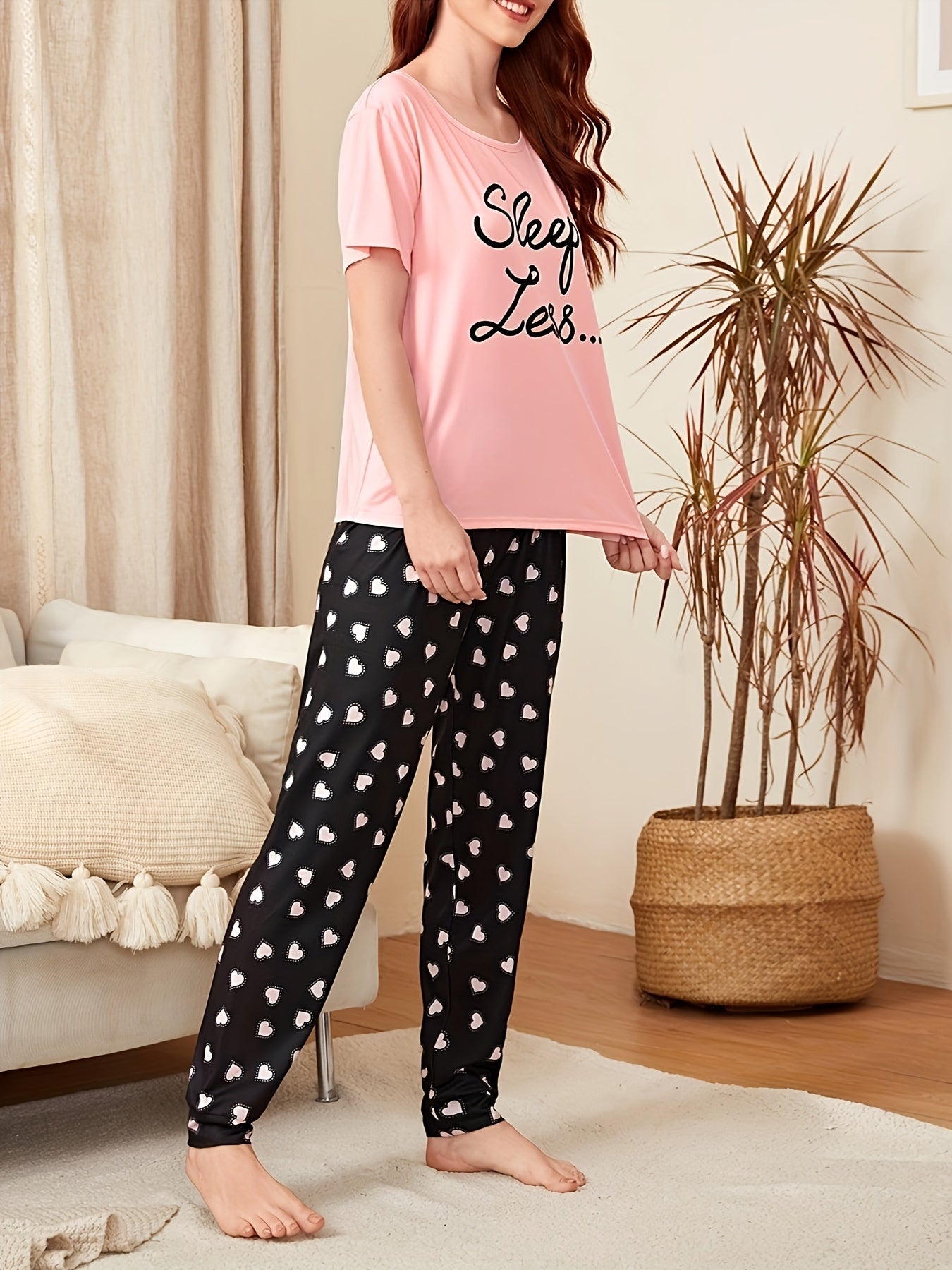 Heart Print Lounge Set Short Sleeve & Pants