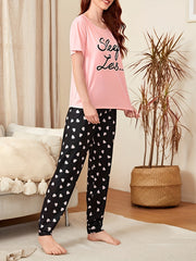 Heart Print Lounge Set Short Sleeve & Pants