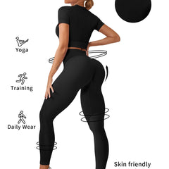 2pcs Solid Workout Sets Short Sleeve Crop Top & High Rise Leggings Activewear
