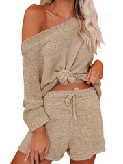 Slanted Shoulder Loose Tops & Drawstring Wide Leg Shorts Set