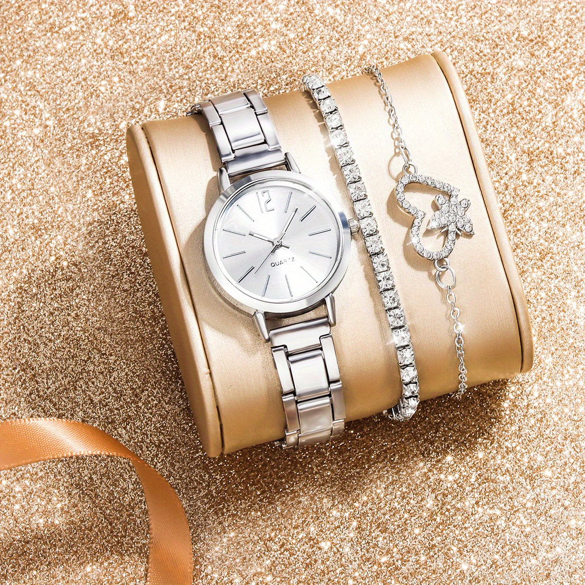 3pcs Small Fresh Alloy Children's Watch Rhinestone Jewelry Set