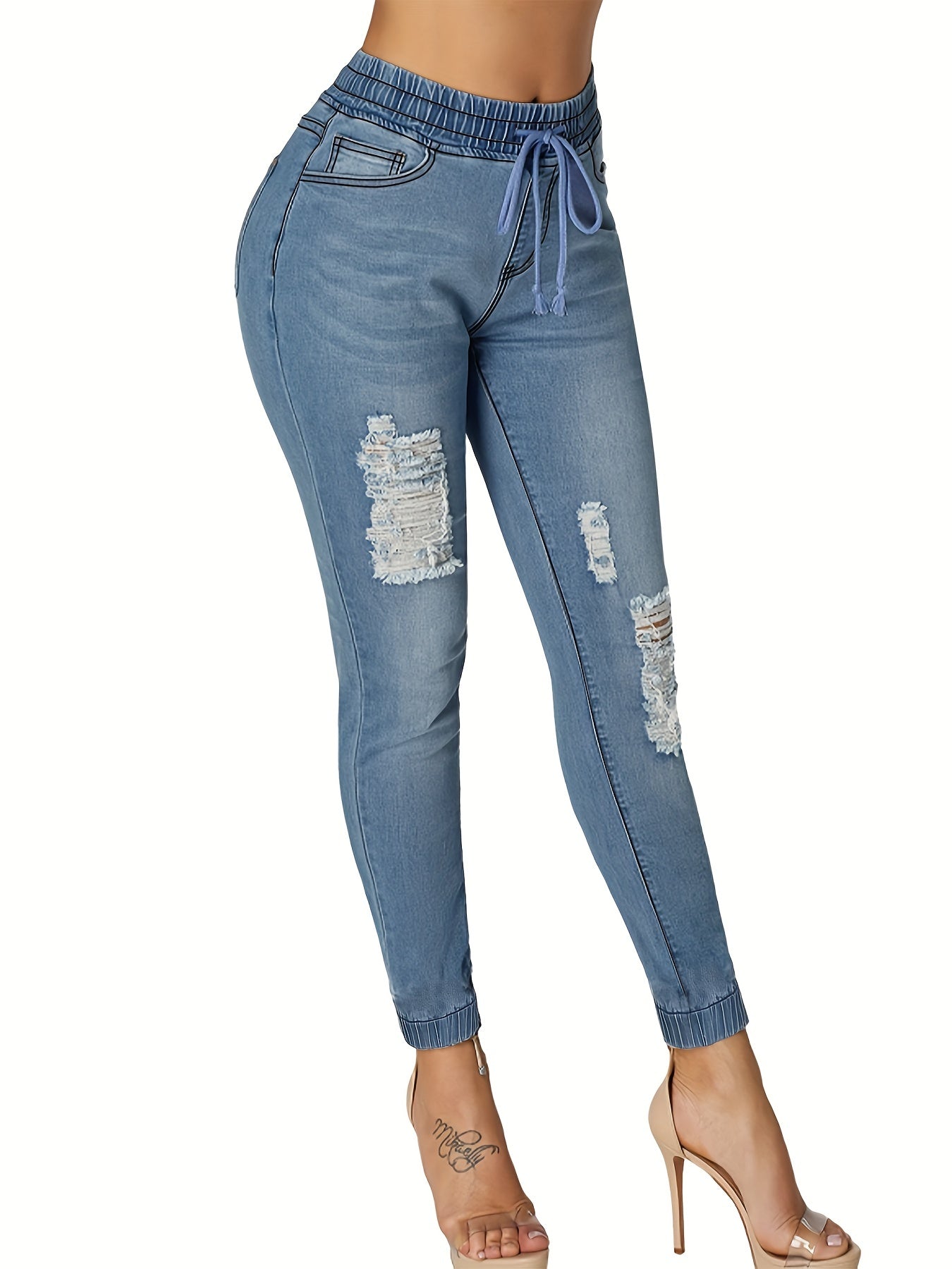 Solid Ripped Elastic Waist Jeans