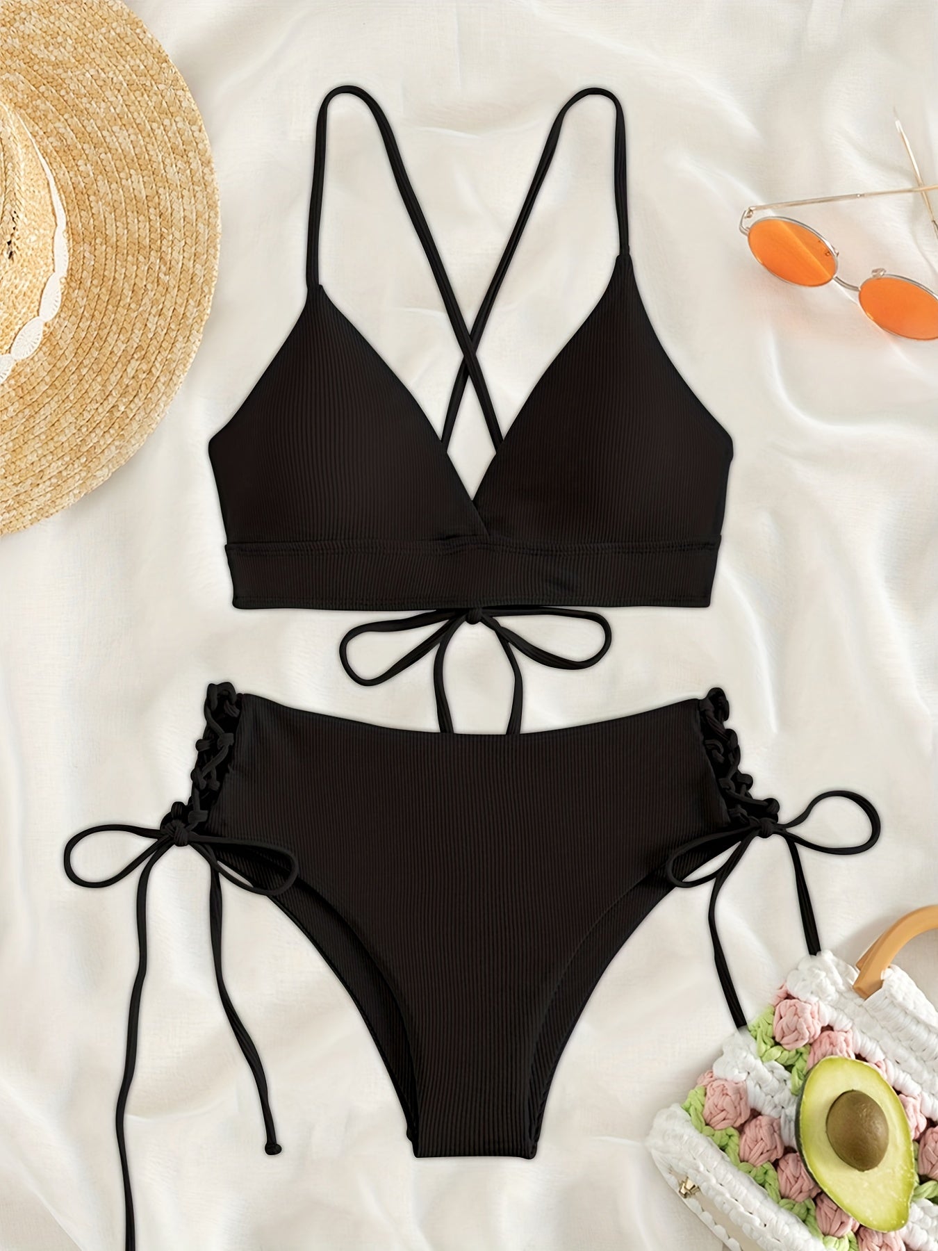 Rib Knit Bikini Set with Criss Cross Straps and Tie Side