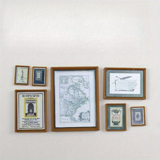 Vintage Dollhouse Wall Decor Set - Scenic Landscapes, Maps & Artwork
