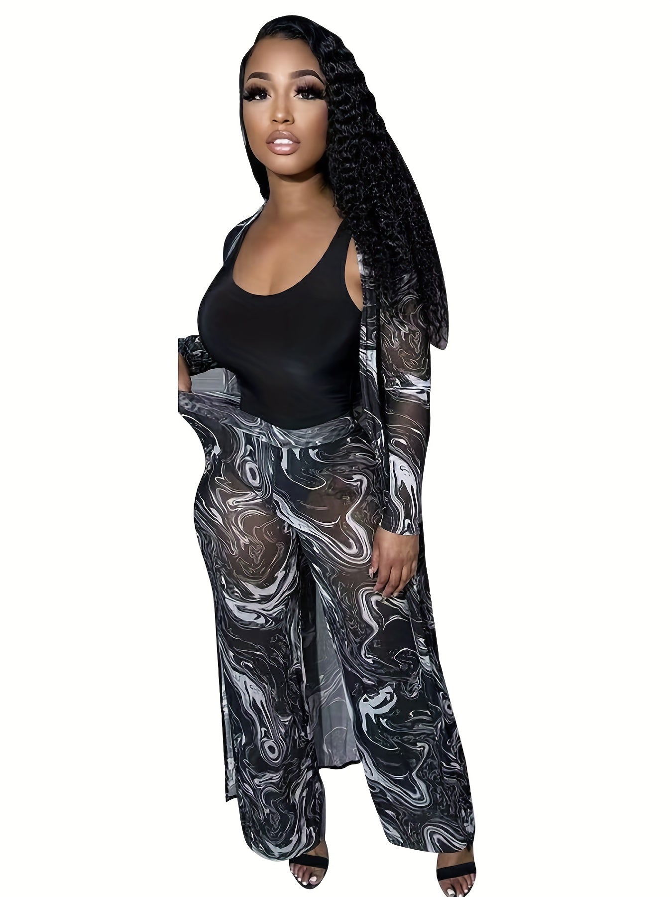 Ripple Print Two piece Set Coat & Wide Leg Pants