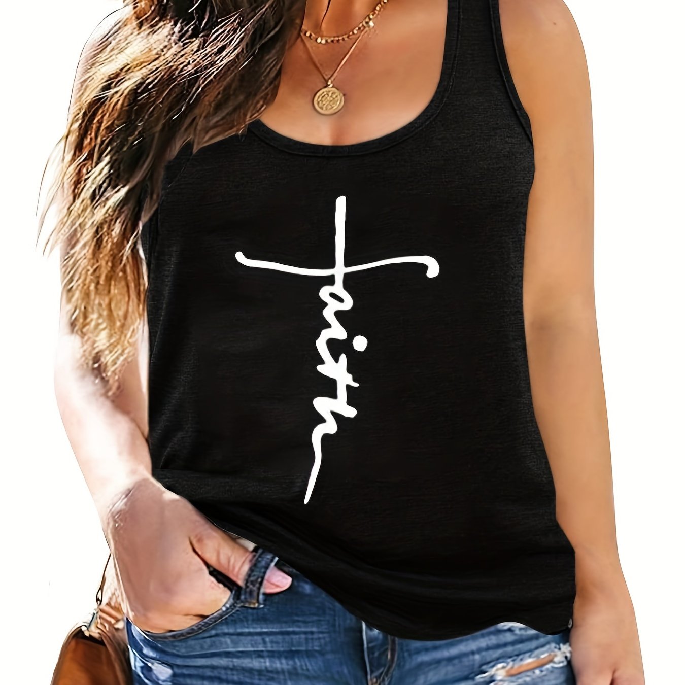 Women's Plus Size Casual Tank Top Letter Print Round Neck Medium Stretch