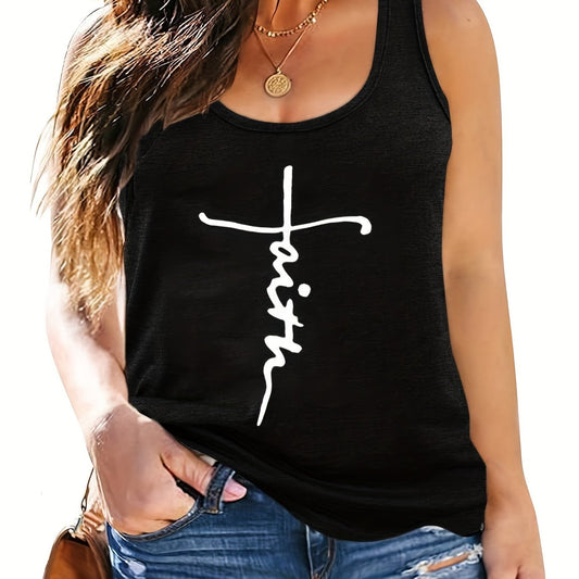 Women's Plus Size Casual Tank Top Letter Print Round Neck Medium Stretch