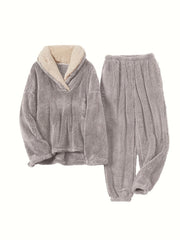 Fuzzy Pajama Set V Neck Top & Pants Women's Sleepwear