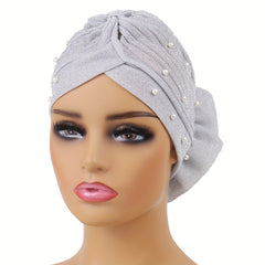 Gray Glitter Plate Flower Turban Cap Pleated Head Wrap