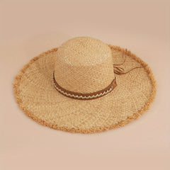 Frayed Brim Sun Hat with Shell Chain Decor - Summer Straw Hat