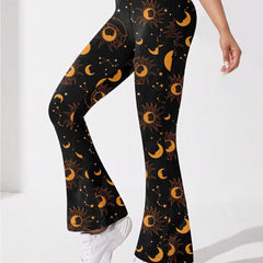 Moon & Star Print Flared Yoga Pants High Stretch Sports Trouser