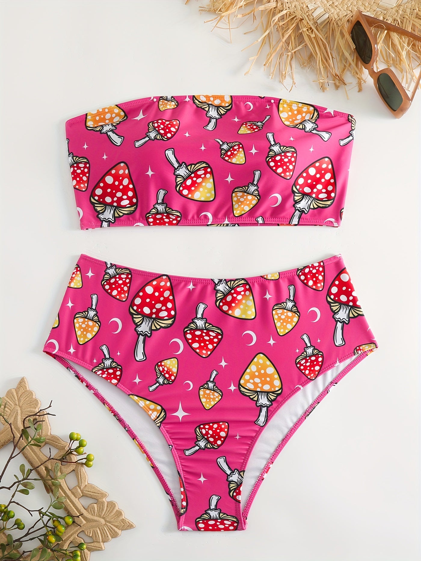 Mushroom Print Bikini Set Strapless Tube Bra & High Waisted Panty Swim