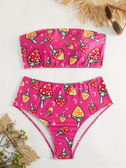 Mushroom Print Bikini Set Strapless Tube Bra & High Waisted Panty Swim