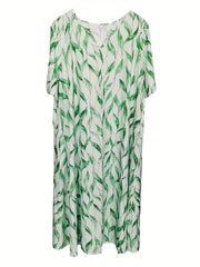 Leaf Print Short Sleeve Casual Dress With Pockets