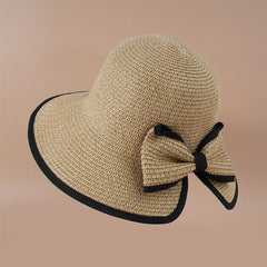 Bowknot Ponytail Straw Sun Hat Solid Sunscreen Beach Hat