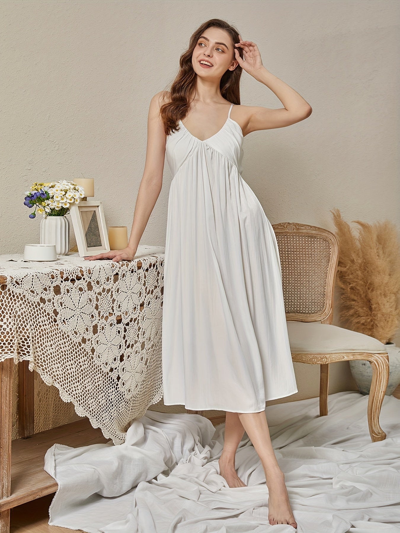 V Neck Slip Nightdress Spaghetti Strap Sleep Dress
