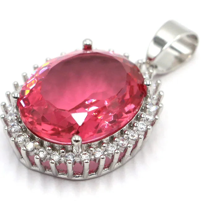 925 Sterling Silver Pendant Oval Gemstone Morganite Tsavorite Garnet Ruby CZ