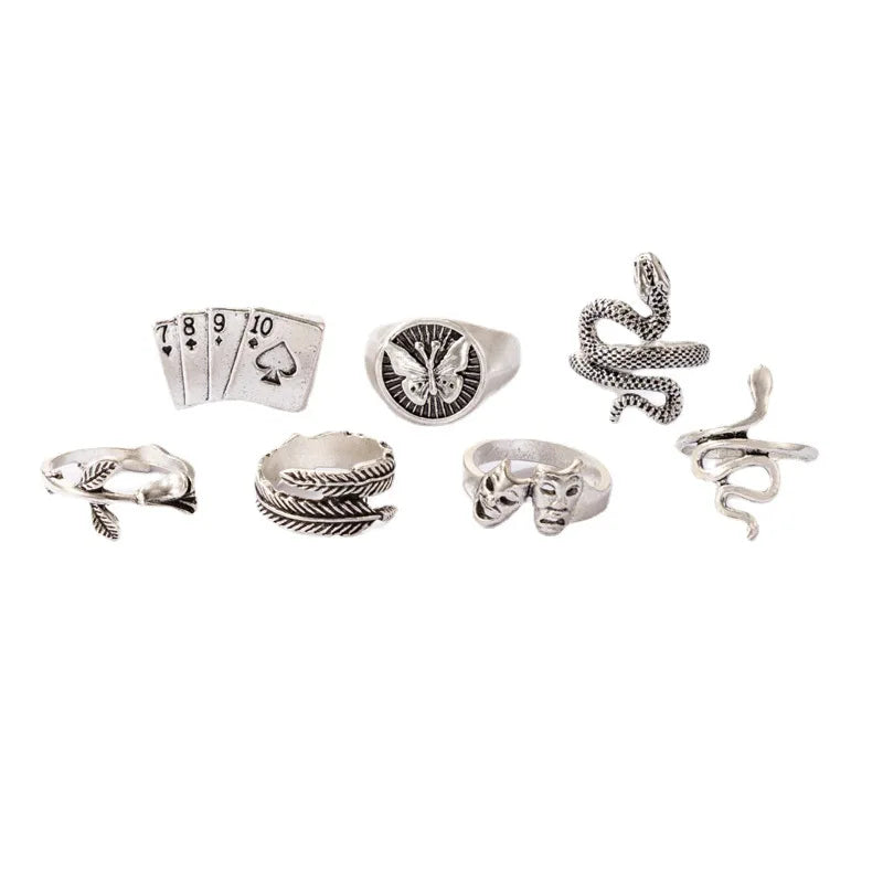 7 Pcs Retro Play Cards Mask Geometric Ring Set Hand Accessories