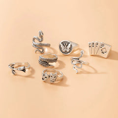 7 Pcs Retro Play Cards Mask Geometric Ring Set Hand Accessories