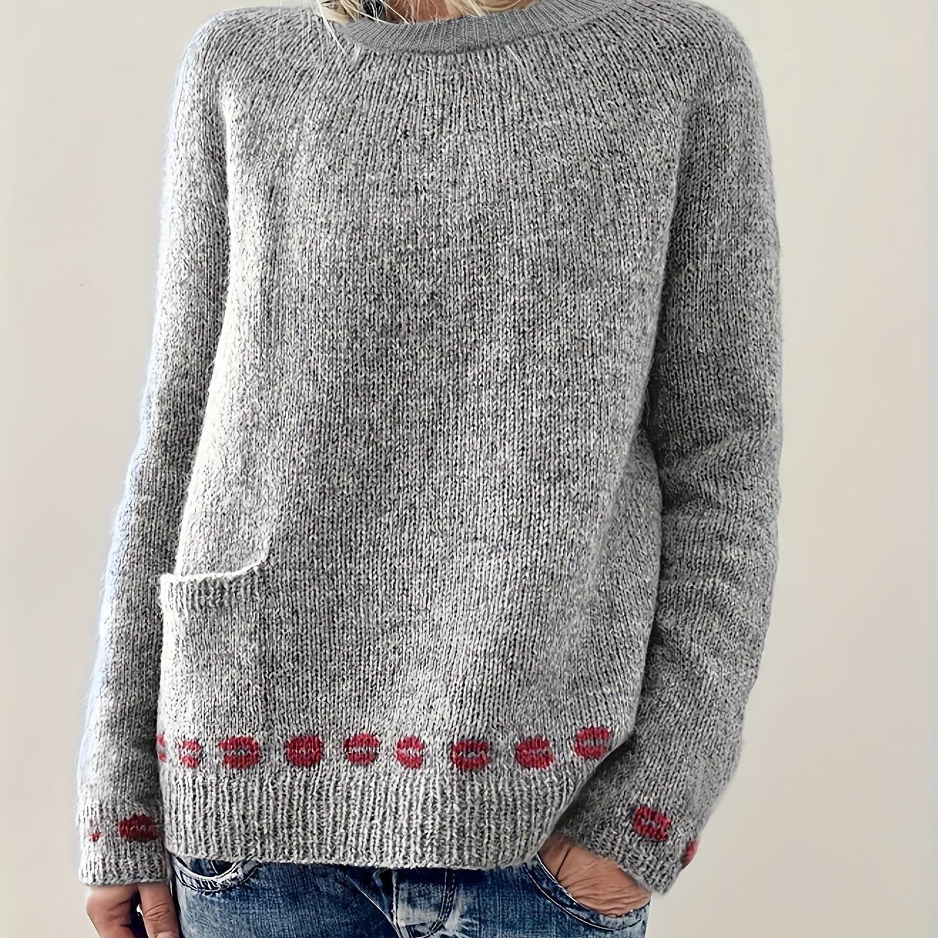 Lip Pattern Crew Neck Long Sleeve Sweater