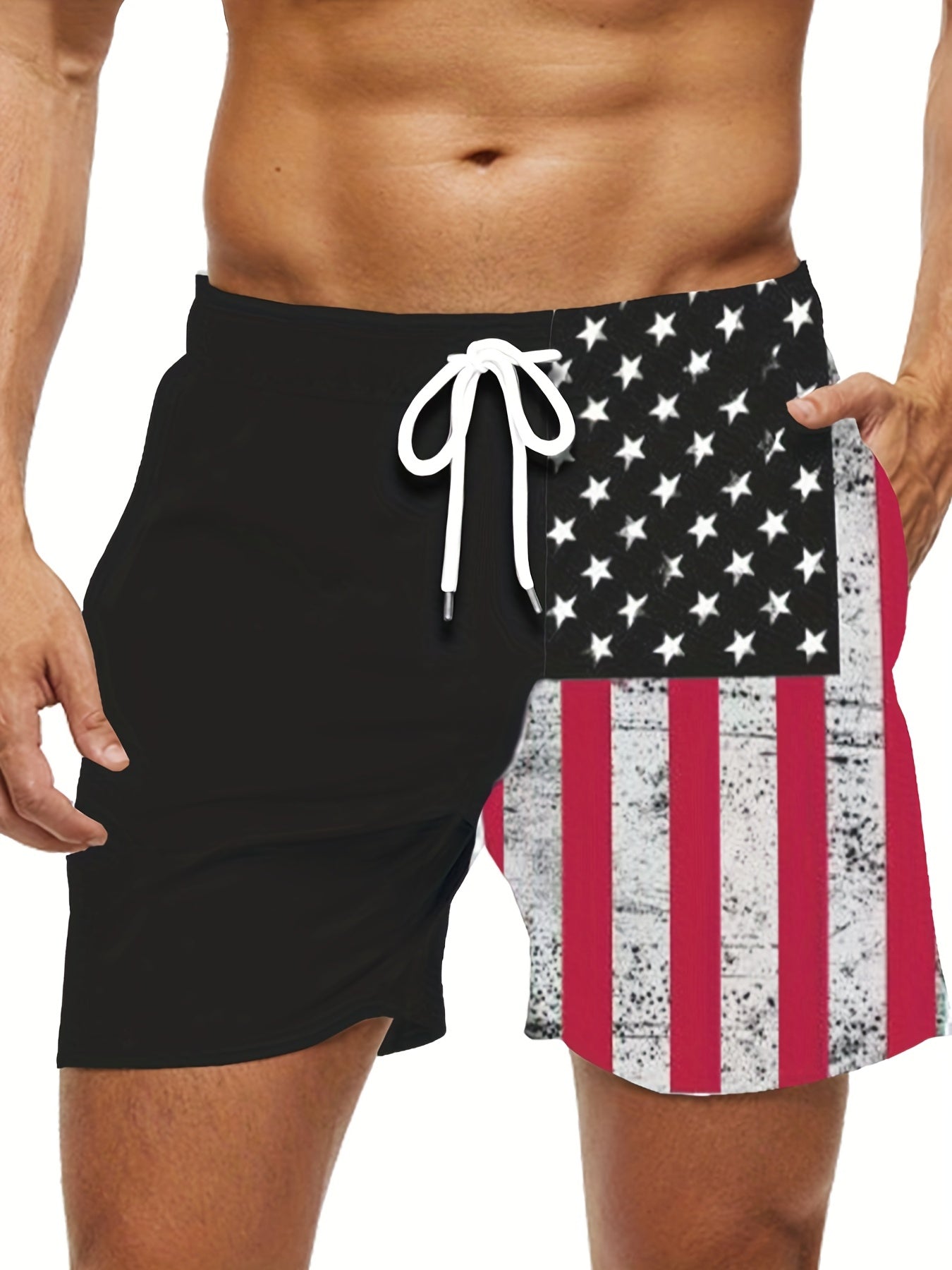 Men's Stripes Pattern Shorts With Pockets Elastic Waist Drawstring