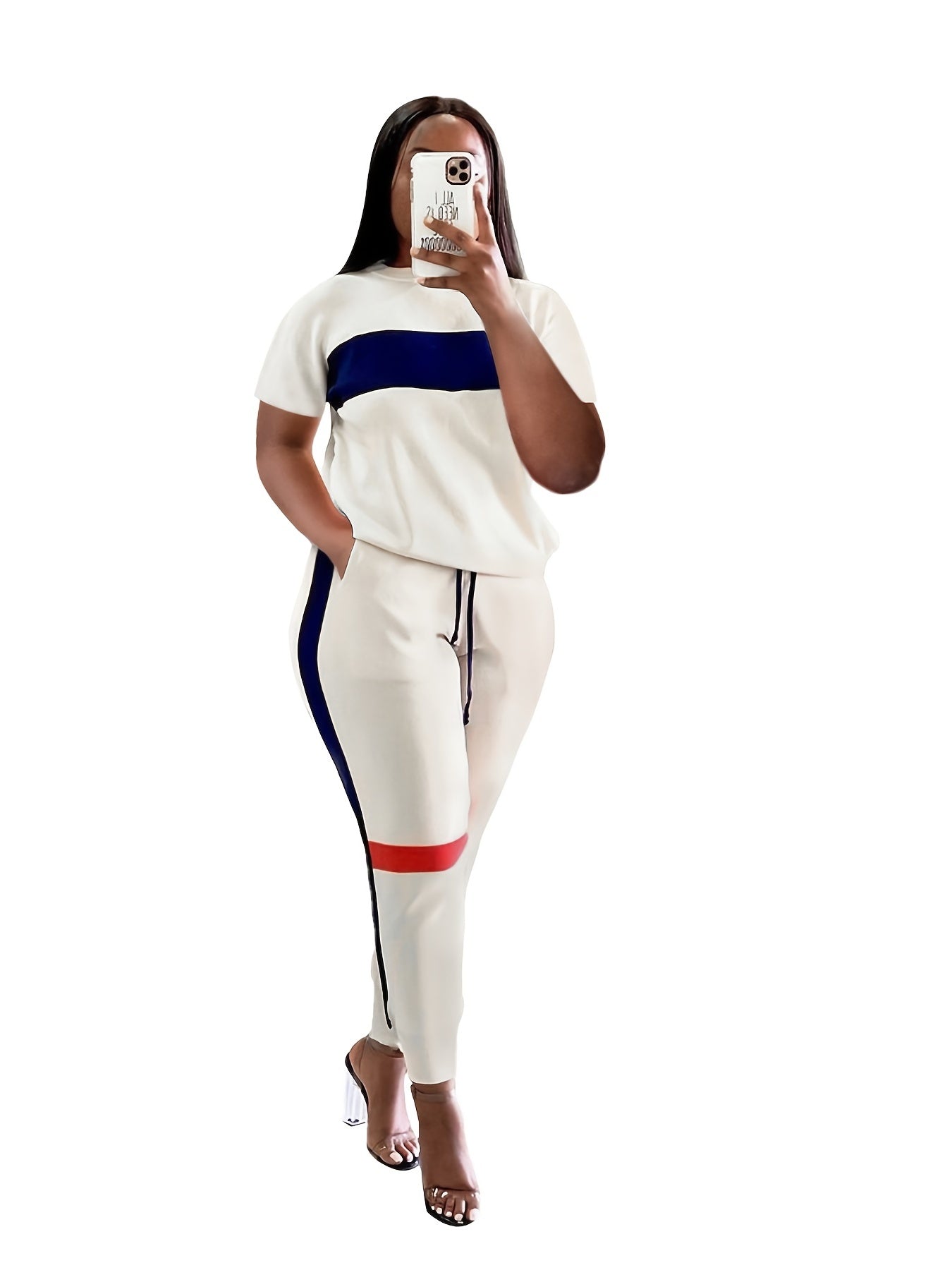 Colorblock Short Sleeve Top & Drawstring Sweatpants Set