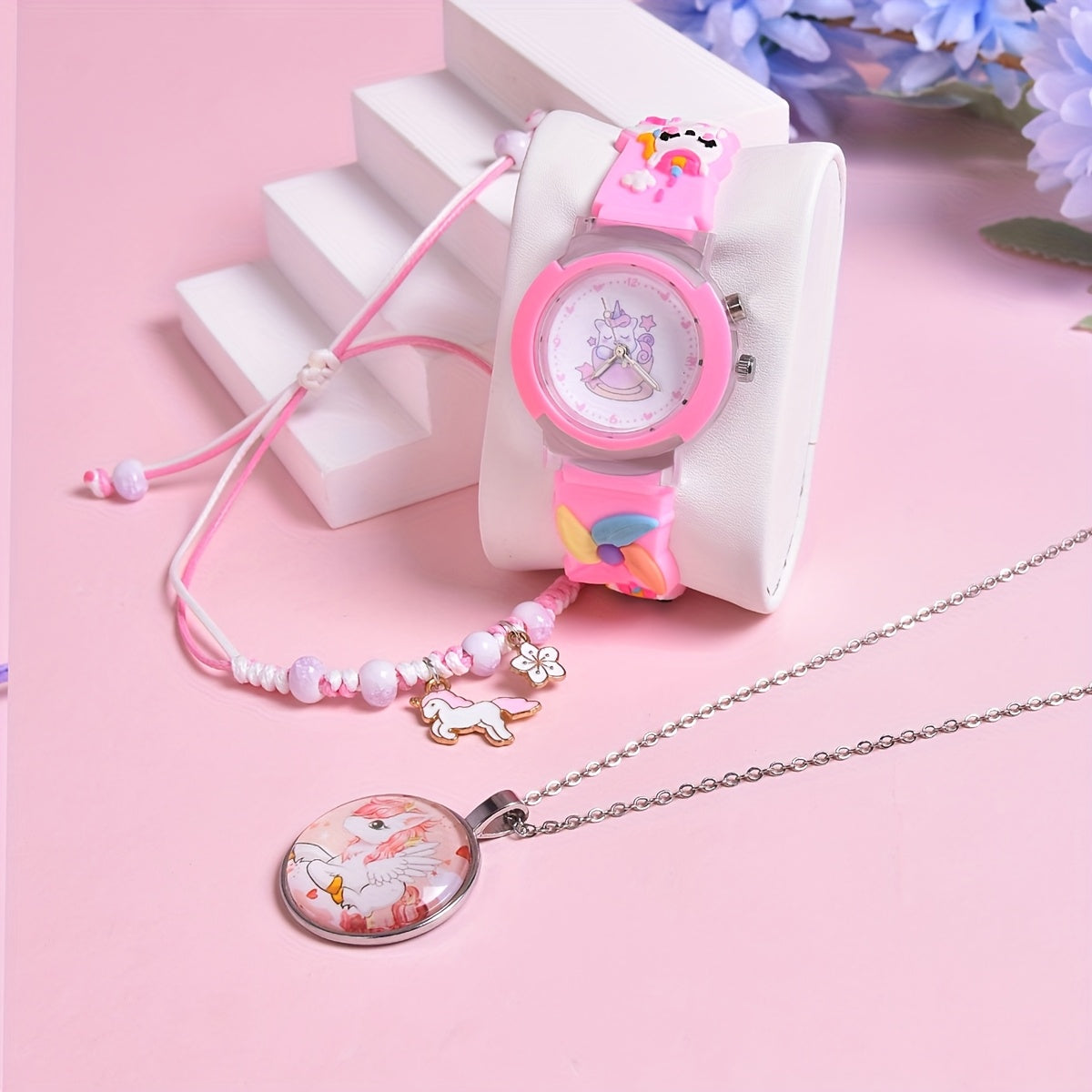 3Pcs Set 3D Silicone Strap Teacup Pony Girls' Quartz Watch