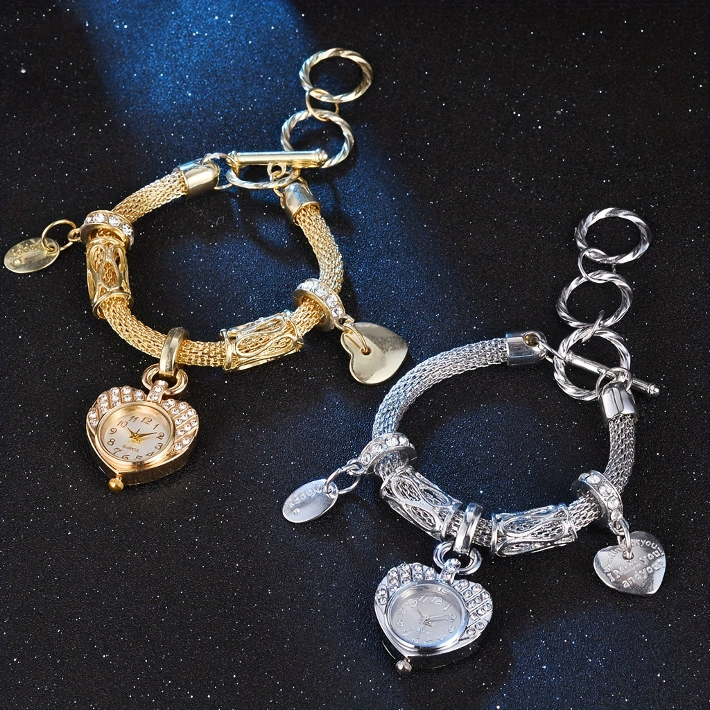 Golden Heart Bracelet Watch with Faux Diamond Studded Quartz Alloy