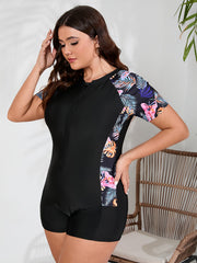 Colorblock Tropical Print Zip Up One Piece Swimsuit
