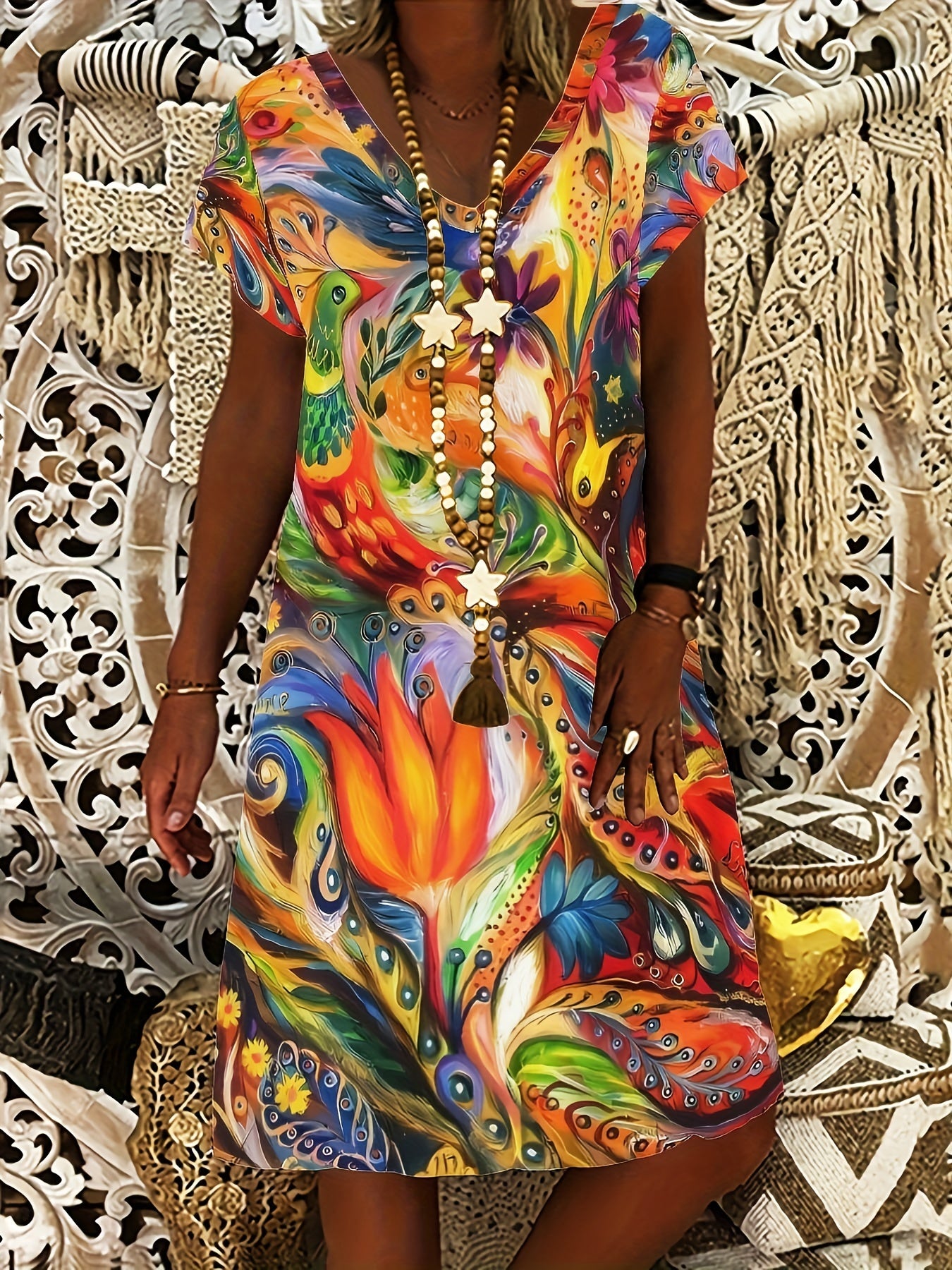 Abstract Print T Shirt Dresses Short Sleeve V Neck Causal Dresses