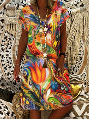 Abstract Print T Shirt Dresses Short Sleeve V Neck Causal Dresses