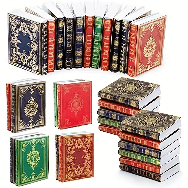 1:12 Scale Golden & Maroon Detailed Spine Books for Dollhouse Decor