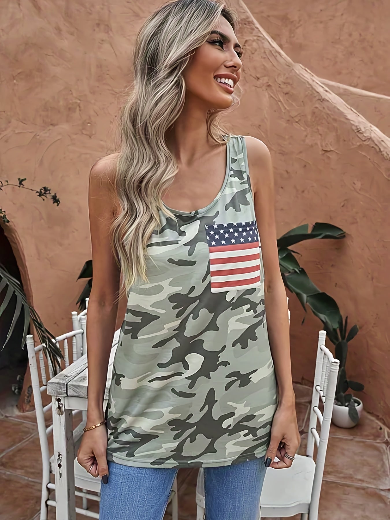 Camo Print American Flag Pocket Tank Top