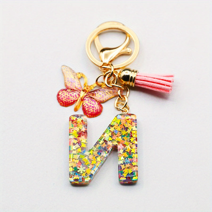 Initial Letter Keychain Resin Butterfly Pendant Tassel Backpack Ornament