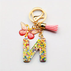 Initial Letter Keychain Resin Butterfly Pendant Tassel Backpack Ornament