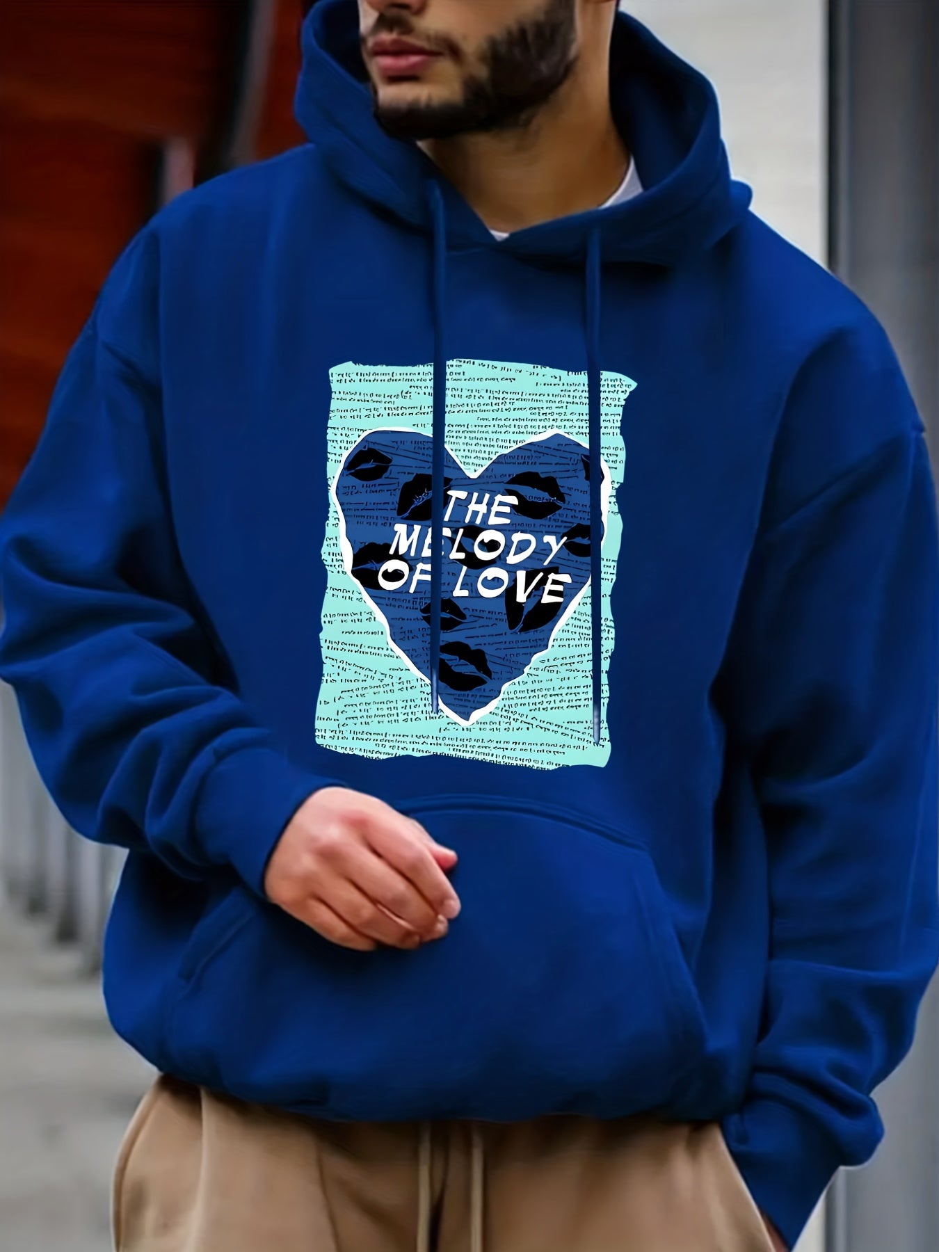Love & Heart Print Hoodie Men's Casual Pullover