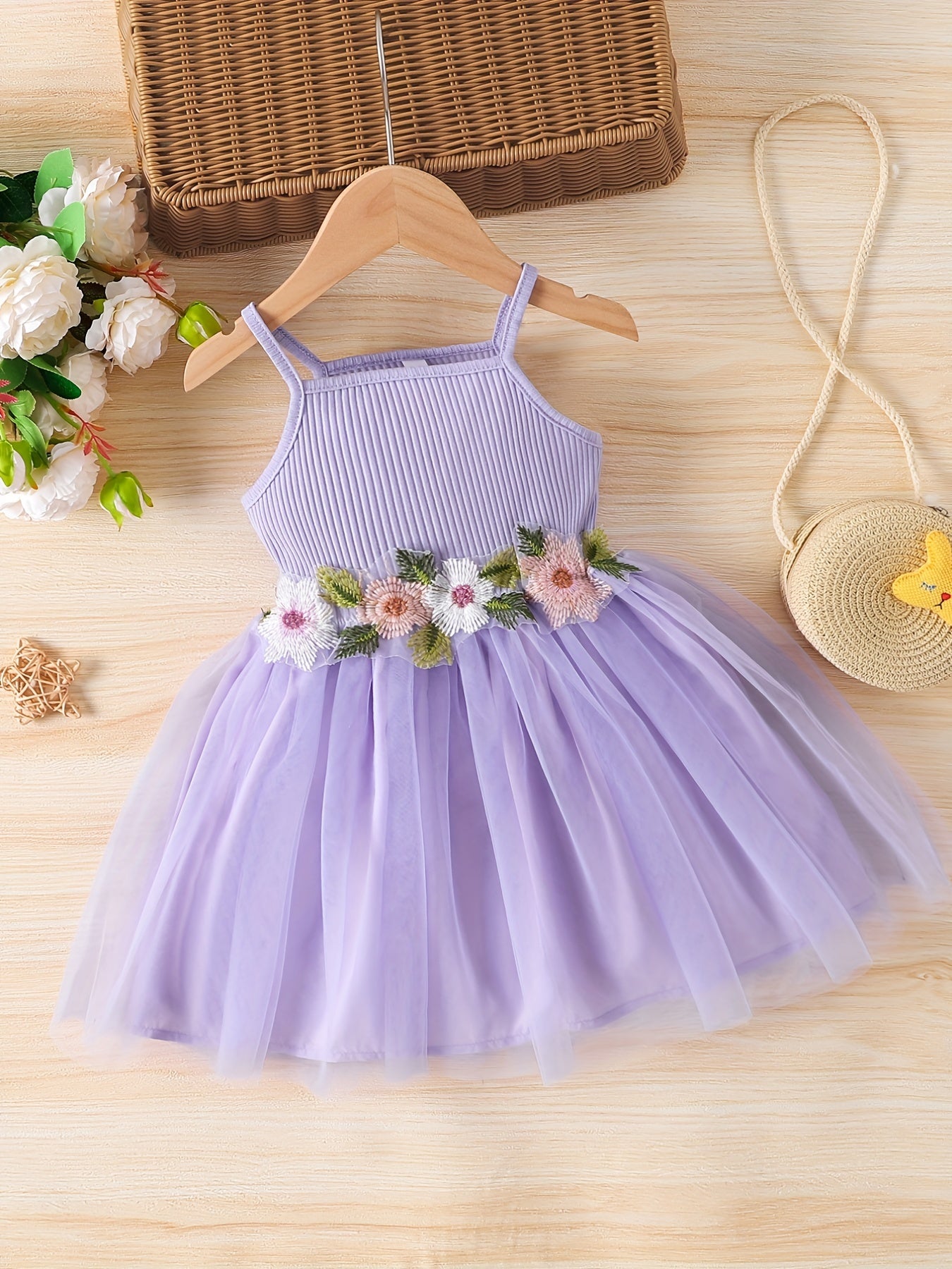 Toddler Girls Floral Embroidered Mesh Princess Cami Dress