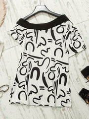 Abstract Print Slanted Shoulder Set with High Waist Pants